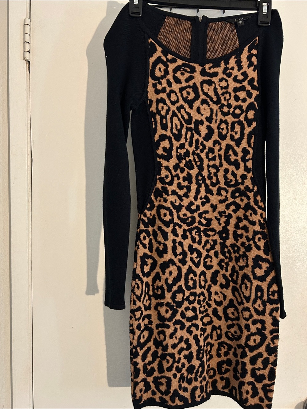 Guess Black & Tan Leopard-Print Long Sleeve Bodycon Dress